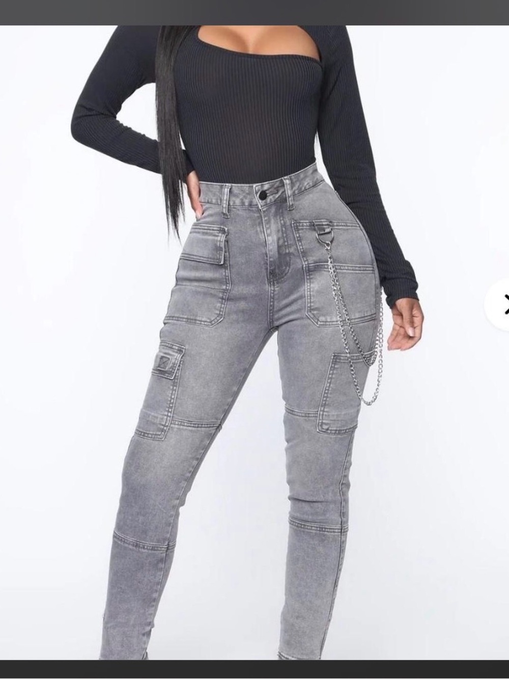 Fashion Nova High-Rise Gray Cargo Skinny Jeans with Chain Accent